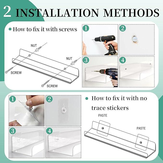 6-Pack 15'' Clear Acrylic Wall Shelves, Invisible Mounted Display Ledge for Kids Books, Bathroom, Bedroom, Kitchen, Study Organization Decor