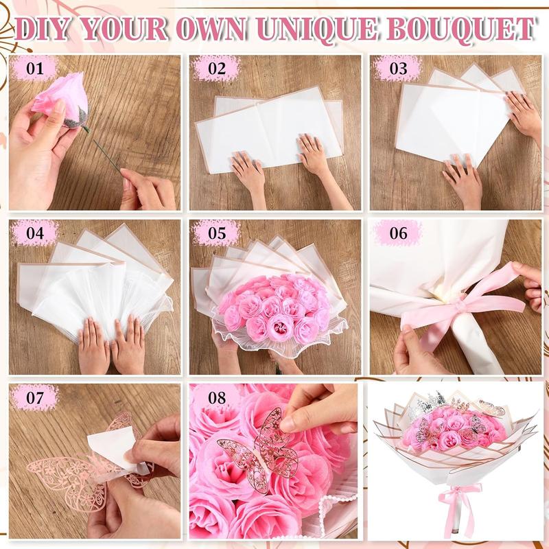 36 count Glitter Roses Bouquet Artificial Rose Flowers Bouquet DIY Fake Glitter Roses with Flower Wrapping Paper 3D Butterflies Crowns for Anniversary Valentine's Day Birthday (Pink)