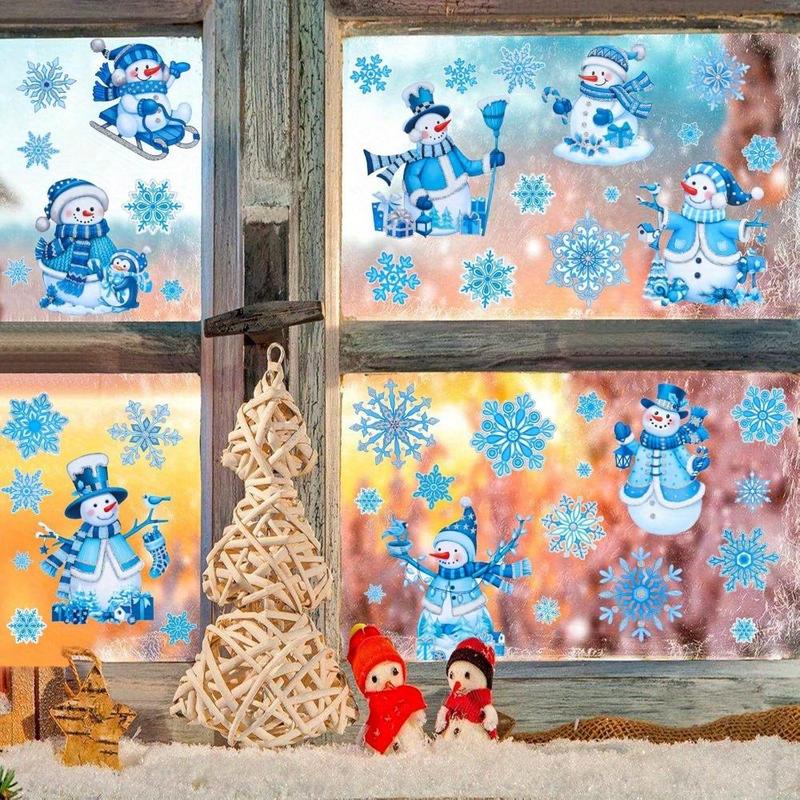 Snowman & Snowflake Pattern Window Sticker, 4 Counts set Reusable Self Adhesive Window Decal, Christmas Decorative Sticker for Home Living Room Bedroom