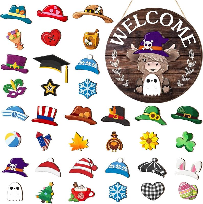 35 count Halloween Interchangeable Highlands Cow Welcome Sign Hanging Seasonal Cow  Wooden Front Door Decor with 17 Interchangeable Hat 17  Swappable Pieces(Colorful)