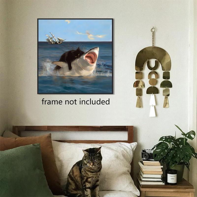 Generic Fat Cat Vs. Shark Meme In Renaissance Painting, Funny Fat Black Cat Poster, Quirky Cat and Shark Picture Canvas Print, Chonky Black Cat Wall Art for Cat Lover  Unframed Decor Artwork Decor Artwork