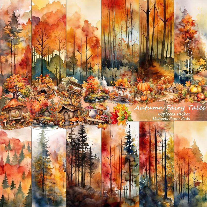 Autumn Forest Pattern Sticker Set, 72pcs set Including 12pcs  Papers & 60pcs Stickers, Decoration Sticker for Phone Case, Computer, Guitar, Bag, Water Cup, Scrapbook