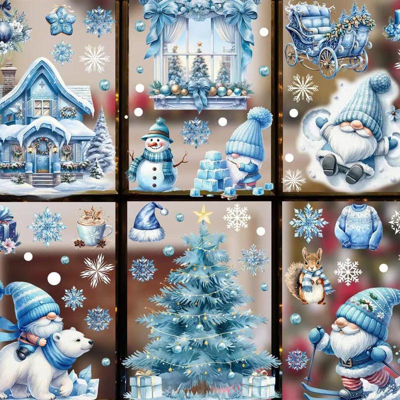 Christmas Themed Window Sticker, 9 Sheets set Snowman & Santa Claus & Snowflake Pattern Window Decal, Decorative Sticker for Home Party Festival