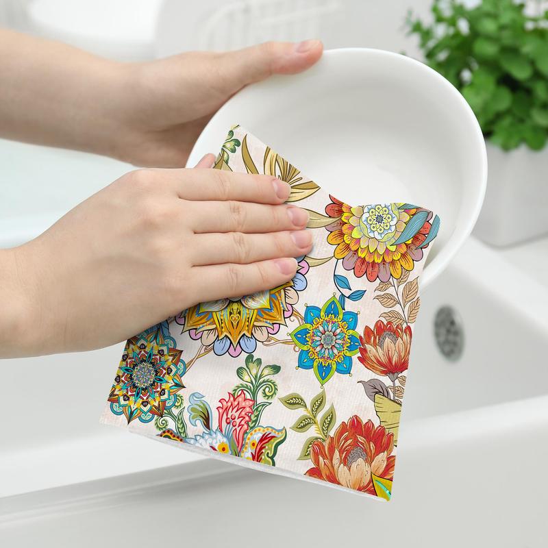 Floral Pattern Kitchen Towel, 2pcs set Soft Absorbent Cleaning Towels, Household Cleaning Cloth