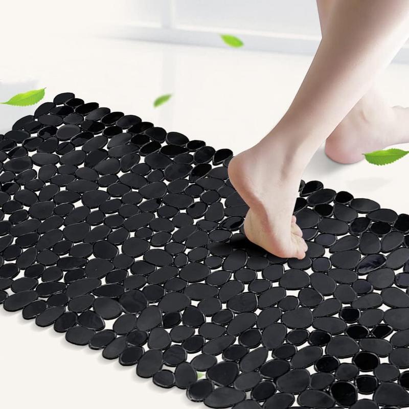 Non-Slip Pebble Bathtub Mat Black 16 W x 35 L Inches (for Smooth Non-Textured Tubs Only) Safe Shower Mat with Drain Holes, Suction Cups for Bathroom