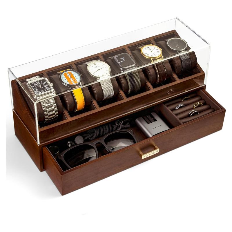 KAMIER Watch Box for Men - 6 Slot Watch Holder Organizer with Drawer for Men Jewelry Sunglasses Storage, Walnut christmas 2024 ornament watch box