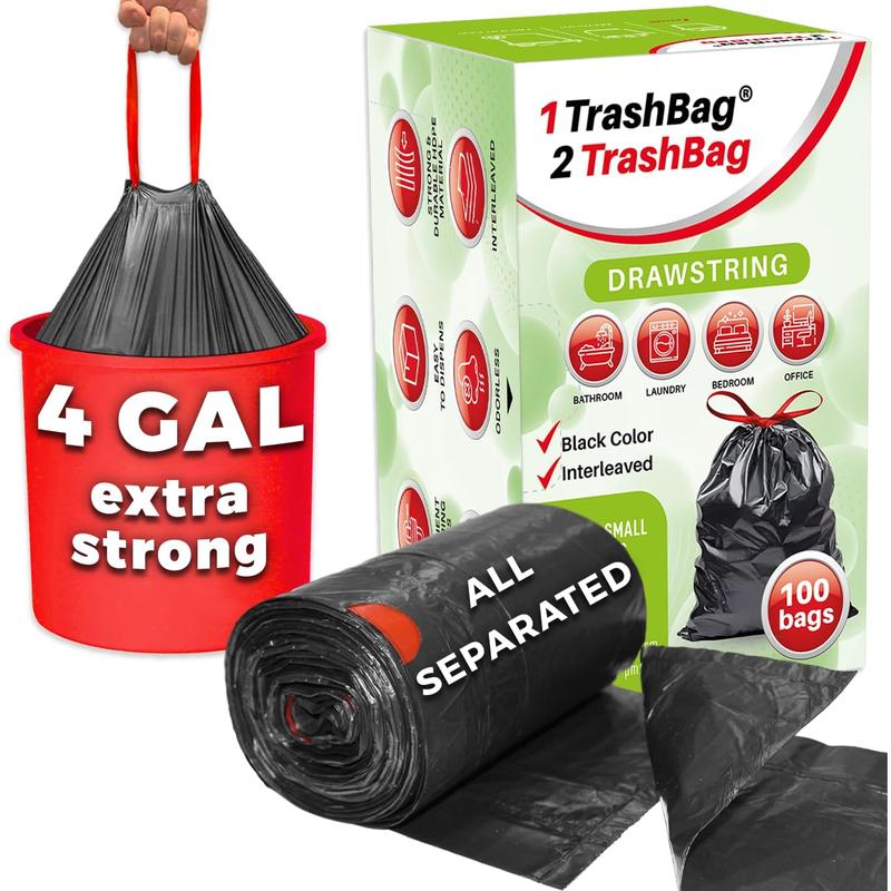 Super Strong 4 Gallon Trash Bags (100 Count), Drawstring, Black, Unscented, for Bathroom, Toilet, Home Office, and Bedroom, 15 Liters