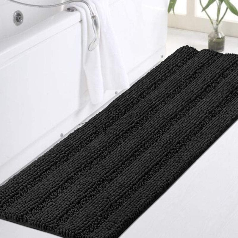 Non Slip Shaggy Chenille Bathroom Rugs Black Bathroom Rug Mat Extra Long Large Bath Rug 47 x 17 Kitchen Rugs and Mats, Super Water Absorbent & Soft Washable Bath Rug for Bathroom, Black