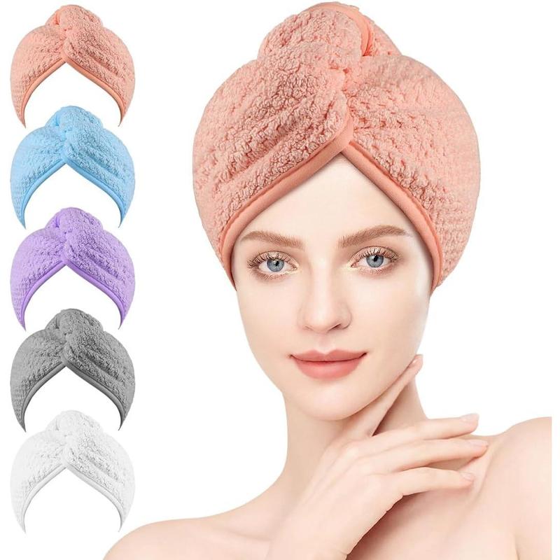 5 Pack Microfiber Hair Towels - 40 x 20 inches Super Soft, Fast Drying Turbans for Long, Thick, Curly Hair - Anti Frizz Wrap with Elastic Strap