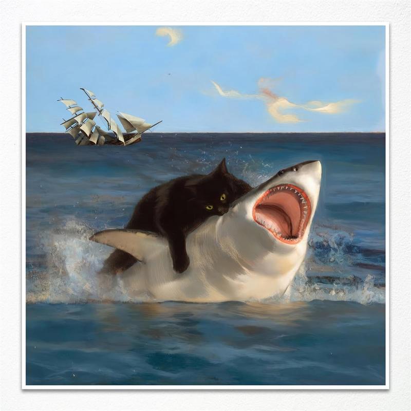 Generic Fat Cat Vs. Shark Meme In Renaissance Painting, Funny Fat Black Cat Poster, Quirky Cat and Shark Picture Canvas Print, Chonky Black Cat Wall Art for Cat Lover  Unframed Decor Artwork Decor Artwork