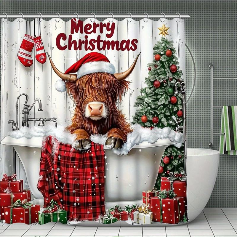 4-Piece Set Christmas Shower Curtain Suit, Yak Shower Curtain, Red Plaid Shower Curtain, Christmas Bathtub Cow Shower Curtain, Shower Curtain Waterproof Fabric Bathroom Decorative Curtain with 12 One Hooks, Non-Slip Bathroom Mat Toilet Mat Suit, Bath Mat,