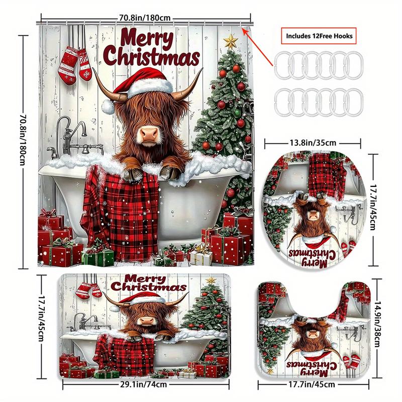 4-Piece Set Christmas Shower Curtain Suit, Yak Shower Curtain, Red Plaid Shower Curtain, Christmas Bathtub Cow Shower Curtain, Shower Curtain Waterproof Fabric Bathroom Decorative Curtain with 12 One Hooks, Non-Slip Bathroom Mat Toilet Mat Suit, Bath Mat,