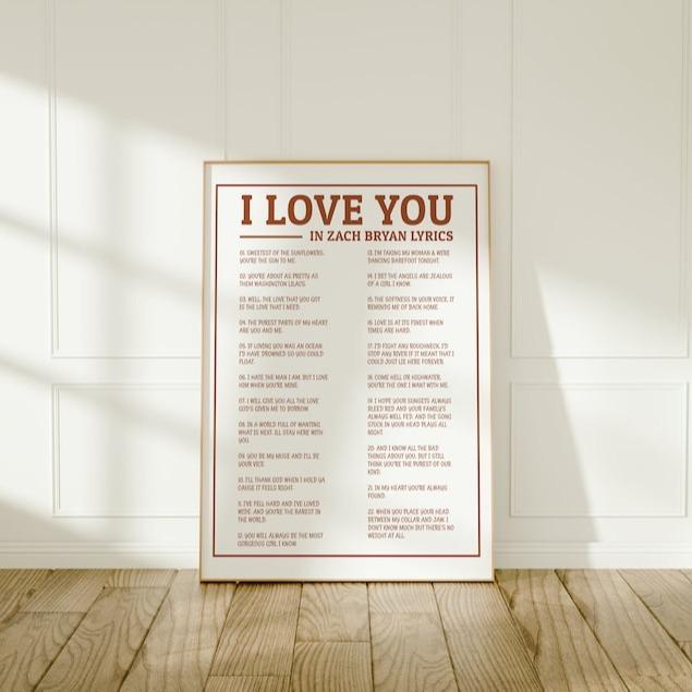 I Love You Lyrics Poster, Coastal Cowgirl, Tour Merch, Country Gallery Wall, Burnt Orange | Poster No Frame