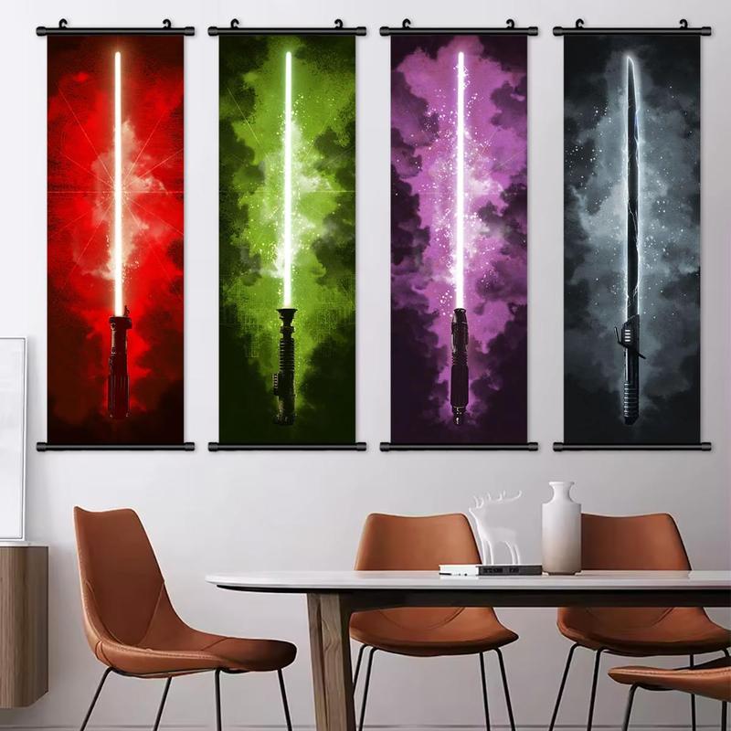 Lightsaber Pattern Hanging Wall Art Poster, 4 Counts set Modern Vertical Scroll Painting Decorating Banner, Fashion Wall Art Decor for Home Living Room Bedroom, Wall Art Painting Room Decor, Christmas 2024 Ornament, Christmas Gift Ideas, Stocking Stuffers