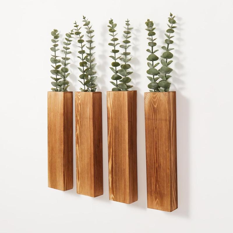 Wall Planters with Artificial Eucalyptus, Modern Farmhouse Wall Decor for Living Room, Bedroom, Bathroom, Wooden Pocket Hanging Wall Vase with Faux  Decor (4 Pack)