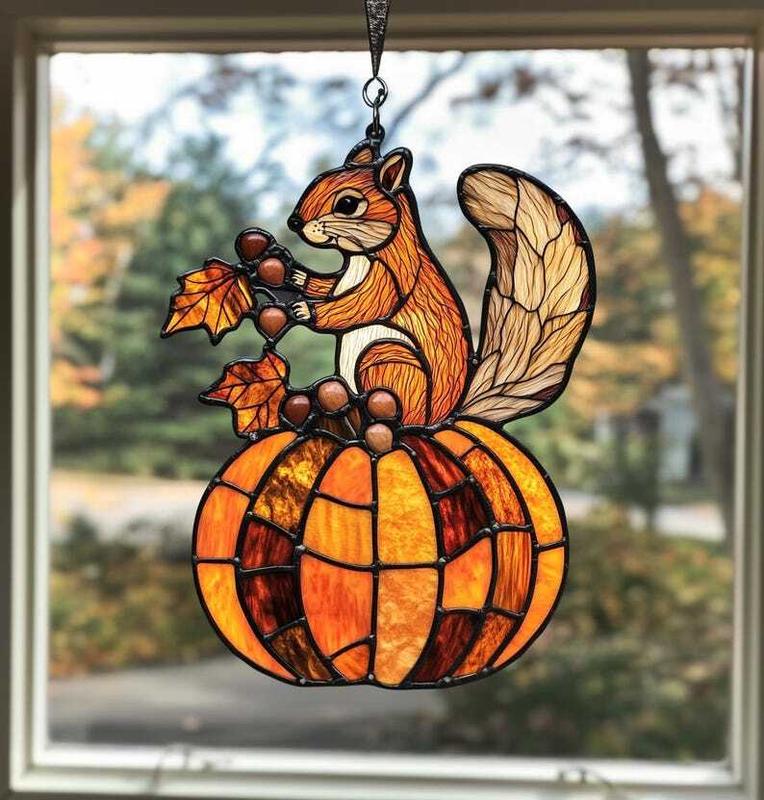 Autumn Squirrel Acrylic Window Hanging, Wild Animal Wall Art, Suncatcher Home Decor, Squirrel Ornament, Housewarming Gift for Nature Lovers