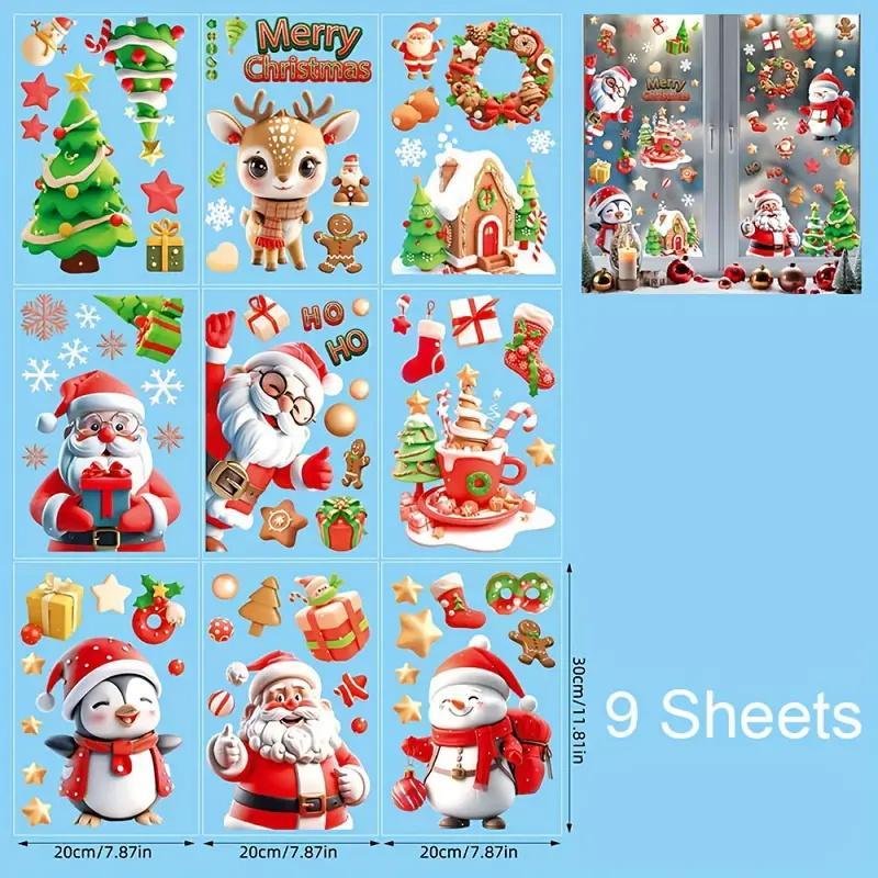 Christmas Themed Window Sticker, 9 Sheets set Reusable Double-sided Window Sticker, Decorative Sticker for Home and Office