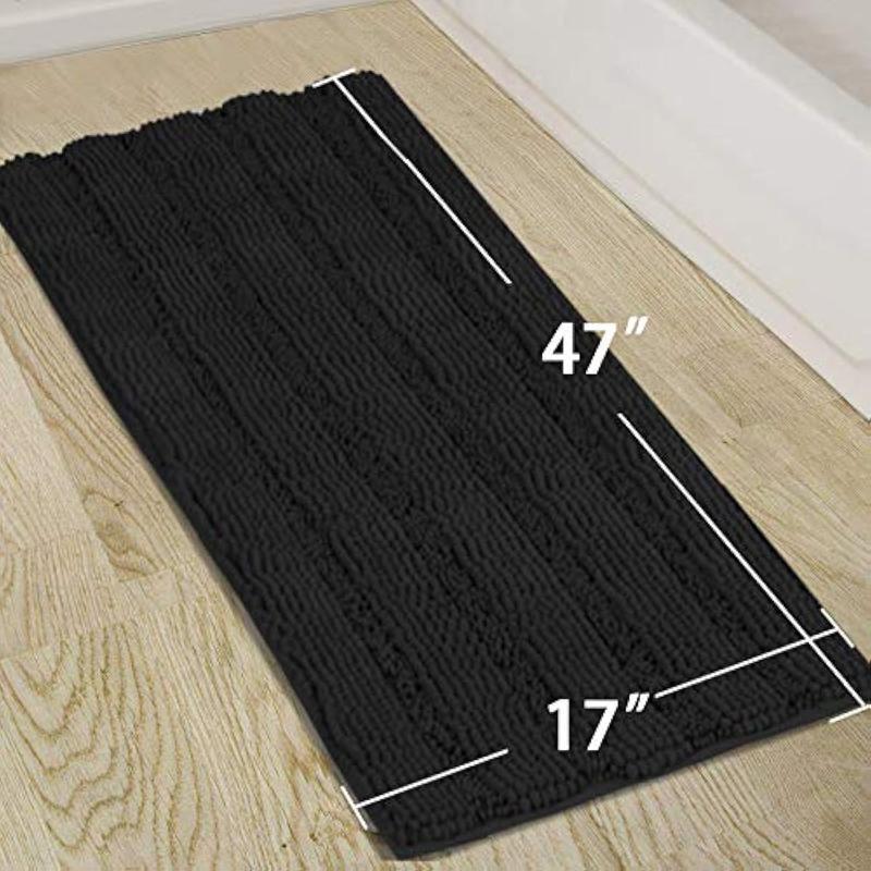 Non Slip Shaggy Chenille Bathroom Rugs Black Bathroom Rug Mat Extra Long Large Bath Rug 47 x 17 Kitchen Rugs and Mats, Super Water Absorbent & Soft Washable Bath Rug for Bathroom, Black