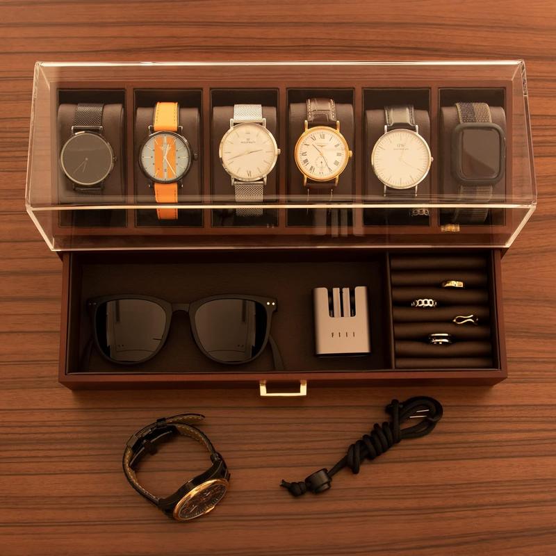 KAMIER Watch Box for Men - 6 Slot Watch Holder Organizer with Drawer for Men Jewelry Sunglasses Storage, Walnut christmas 2024 ornament watch box