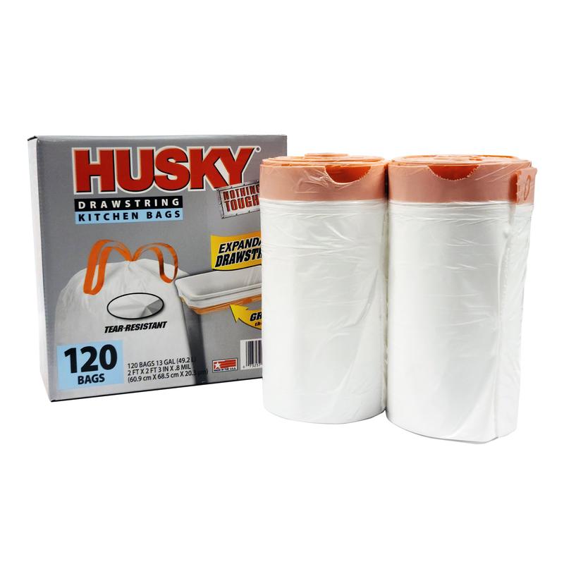 Husky Tall Kitchen White Trash Bags, 13 Gallon, 120 Bags (Expandable Drawstring, 20% PCR)