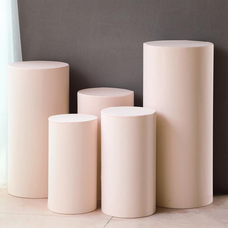 Set of 5 Blush Cylinder Stretch Fitted Pedestal Pillar Prop Covers, Spandex Plinth Display Box Stand Covers - 160 GSM