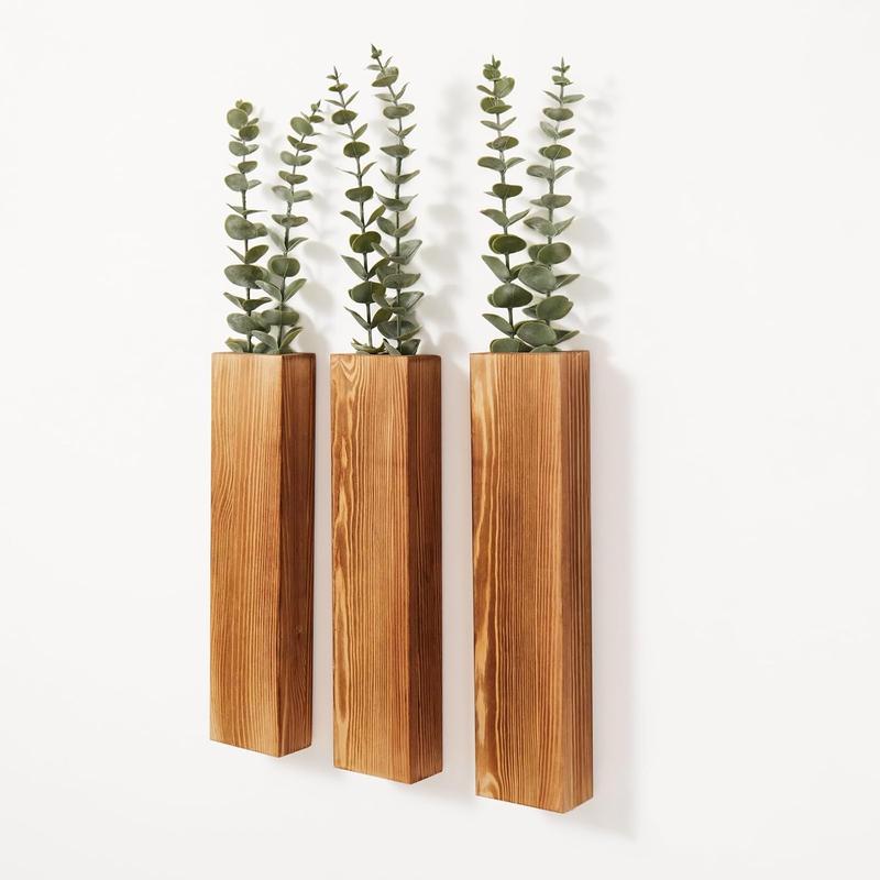 Wall Planters with Artificial Eucalyptus, Modern Farmhouse Wall Decor for Living Room, Bedroom, Bathroom, Wooden Pocket Hanging Wall Vase with Faux  Decor (4 Pack)