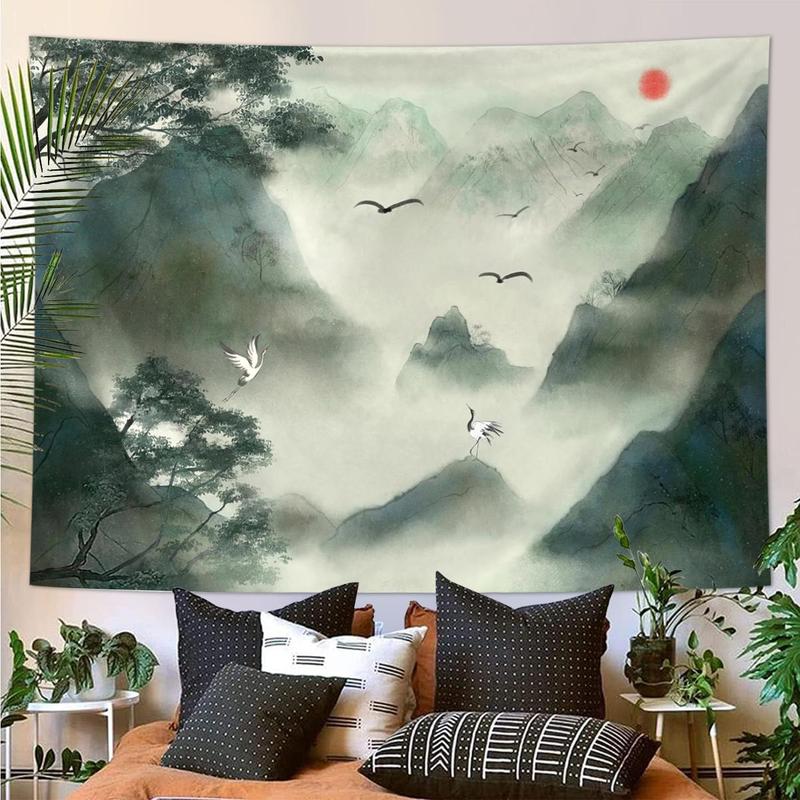 Ink Wash Landscape Pattern Tapestry, 1 Count Mist Forest & Natural Landscape Pattern Tapestry, Aesthetic Tapestry for Bedroom, Living Room, Dormitory, Office Decoration