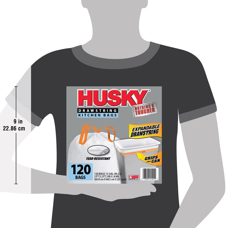 Husky Tall Kitchen White Trash Bags, 13 Gallon, 120 Bags (Expandable Drawstring, 20% PCR)