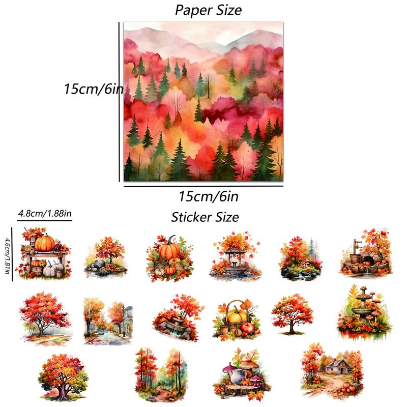 Autumn Forest Pattern Sticker Set, 72pcs set Including 12pcs  Papers & 60pcs Stickers, Decoration Sticker for Phone Case, Computer, Guitar, Bag, Water Cup, Scrapbook