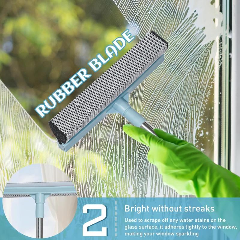 Window Squeegee for Home, 2-in-1 Window Cleaner Tool with Rubber Blade and Sponge Scrubber, Window Washing Kit with Extension Pole 44'', Scrubber for Car Windshield, Shower Door Cleaning Glass Steel