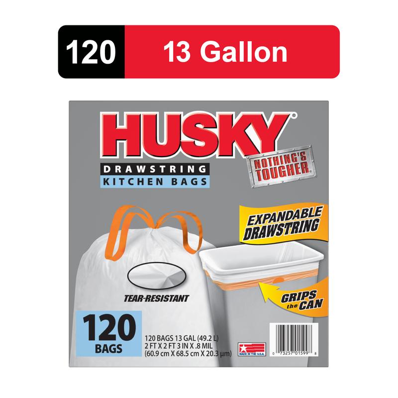 Husky Tall Kitchen White Trash Bags, 13 Gallon, 120 Bags (Expandable Drawstring, 20% PCR)