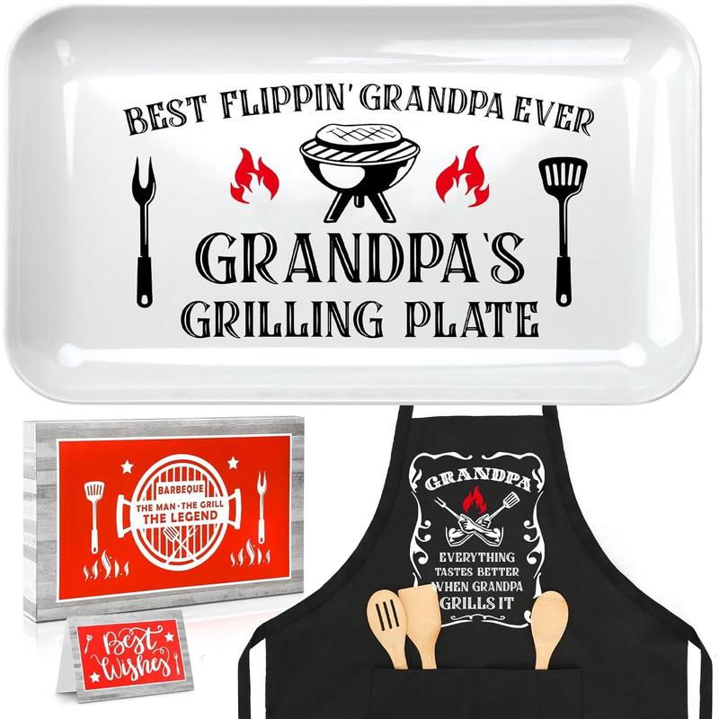 Gifts for Grandpa, Grandpa Birthday Gifts Personalized Grilling Platter Apron Gift for Grandpa from Grandkids,  Grandpa Christmas Gift Fathers Day Funny Grandpa Grilling Plate BBQ Serving Tray