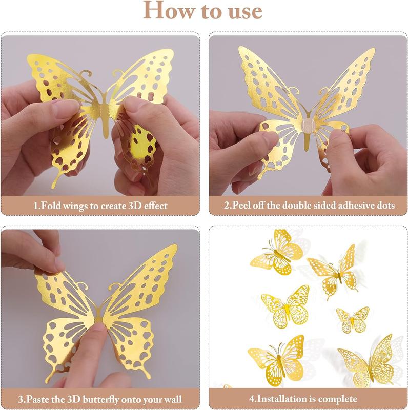 48-Piece 3D Gold Butterfly Wall Decor Set in 4 Styles & 3 Sizes, Removable Stickers for Birthday & Party Cake Decorations Decorative