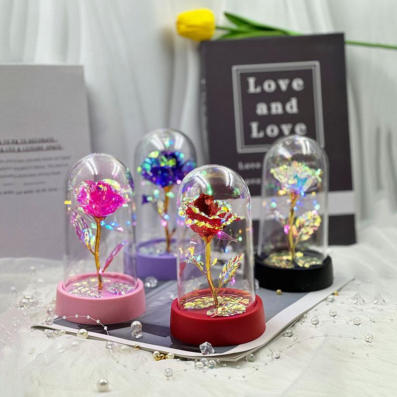 Christmas Artificial Flower with Glass Cover, 1 Count Eternal Artificial Rose with Light in The Glass Dome, Home Decor Supplies for Living Room Bedroom