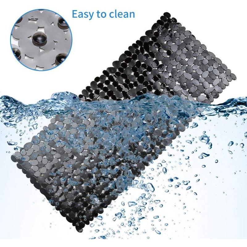 Non-Slip Pebble Bathtub Mat Black 16 W x 35 L Inches (for Smooth Non-Textured Tubs Only) Safe Shower Mat with Drain Holes, Suction Cups for Bathroom