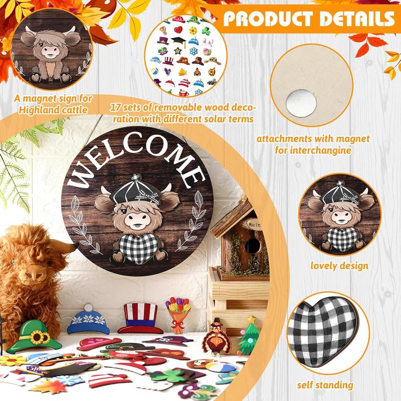 35 count Halloween Interchangeable Highlands Cow Welcome Sign Hanging Seasonal Cow  Wooden Front Door Decor with 17 Interchangeable Hat 17  Swappable Pieces(Colorful)