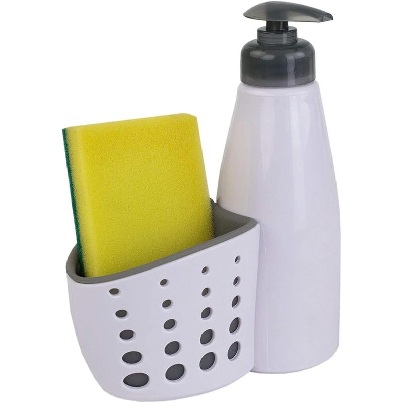 Countertop soap pump dispenser with perforated sponge holder accessory box, white - with sponge Plastic