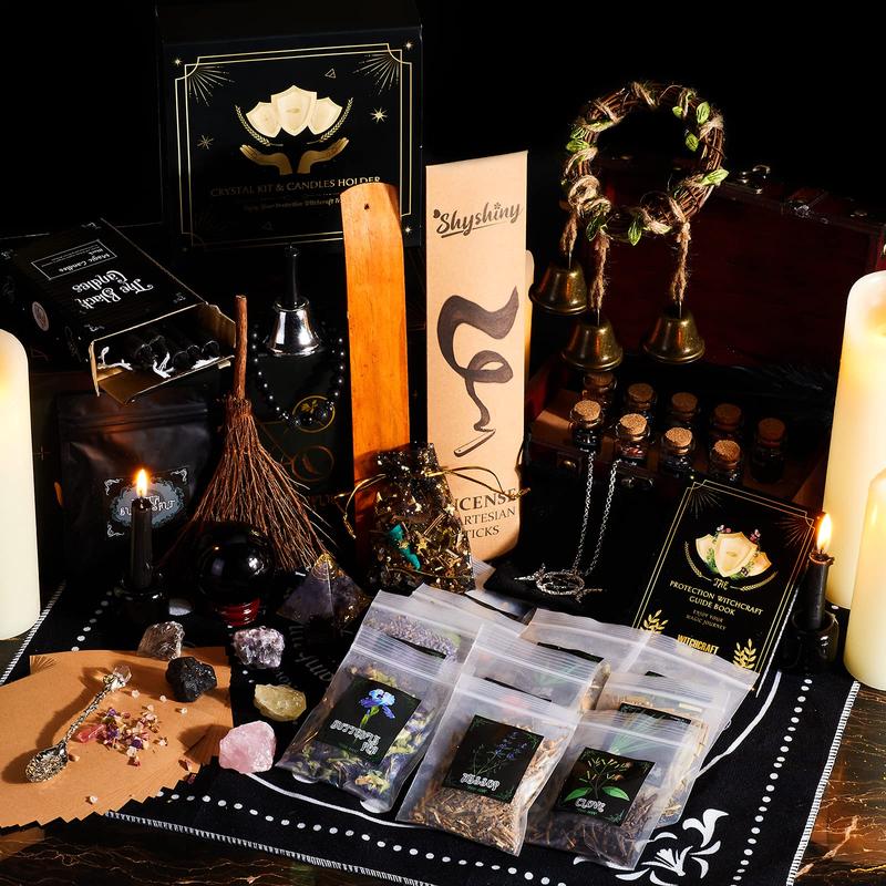 Christmas Gift Wiccan Supplies and Tools for Protection, 127Pack Witchcraft Supplies Witchy Gift for Beginners, Dried Herbs, Crystals, Candles, Witch Starter Spell Kit