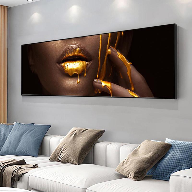 Fashionable Woman with Golden Lipstick Magazine Cover Design Wall Art, 1 Count Canvas Poster without Frame, Wall Decor for Home Living Room Bedroom Office