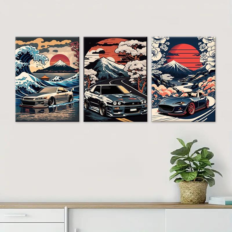 Wooden Framed Canvas Painting, 3 Counts set Car & Landscape Pattern Wall Art, Wall Decor for Home Living Room Bedroom Office