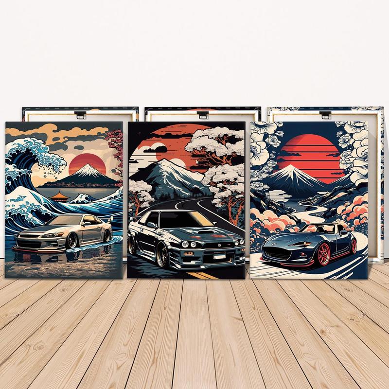 Wooden Framed Canvas Painting, 3 Counts set Car & Landscape Pattern Wall Art, Wall Decor for Home Living Room Bedroom Office