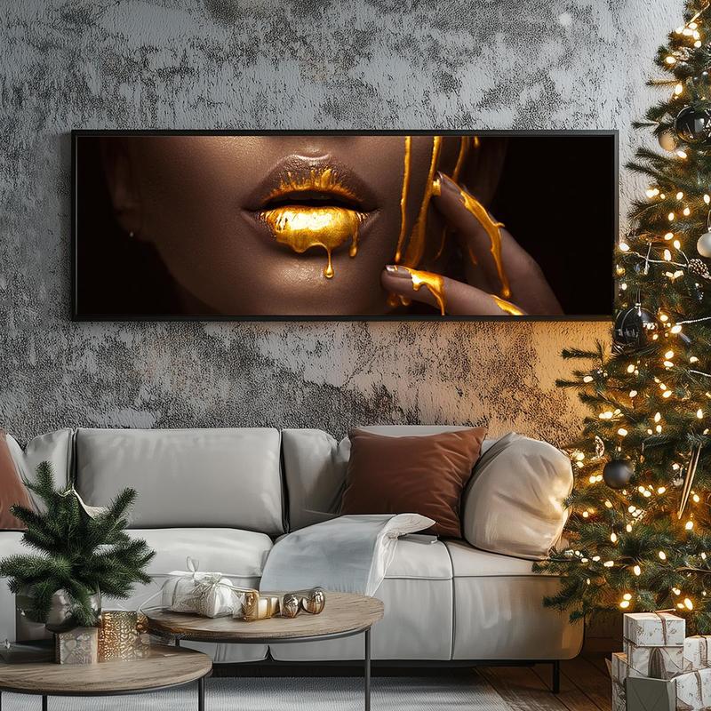 Fashionable Woman with Golden Lipstick Magazine Cover Design Wall Art, 1 Count Canvas Poster without Frame, Wall Decor for Home Living Room Bedroom Office