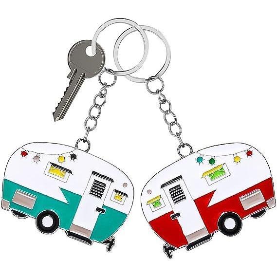 2 Pack Camper Keychain Set Happy RV Camper Keyring Couples Camping Accessories for Men Women Travel Trailers