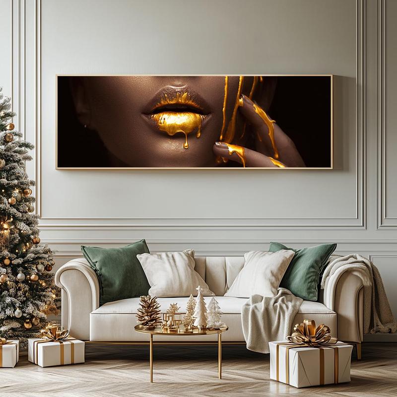 Fashionable Woman with Golden Lipstick Magazine Cover Design Wall Art, 1 Count Canvas Poster without Frame, Wall Decor for Home Living Room Bedroom Office