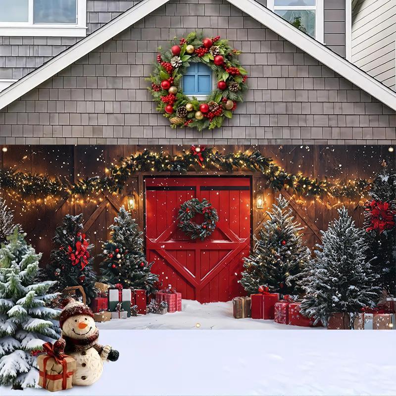 Christmas Themed Garage Door Cover, 1 Set Windproof & Rainproof Wreath Garage Door Decoration, Outdoor Holiday Decoration for Home Garden Yard Front Yard Decorations