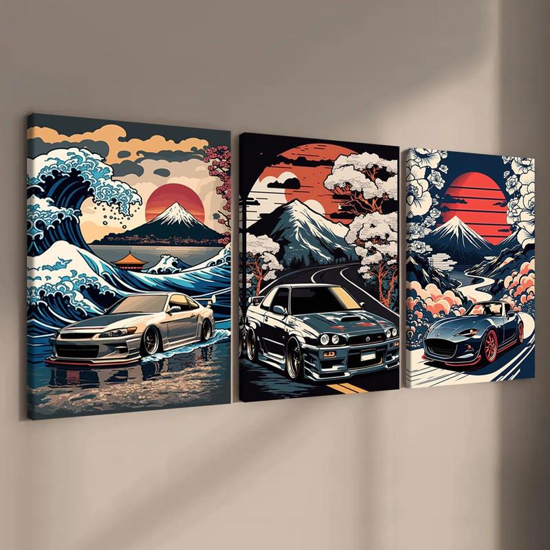 Wooden Framed Canvas Painting, 3 Counts set Car & Landscape Pattern Wall Art, Wall Decor for Home Living Room Bedroom Office