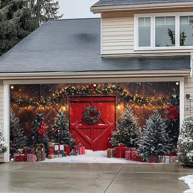 Christmas Themed Garage Door Cover, 1 Set Windproof & Rainproof Wreath Garage Door Decoration, Outdoor Holiday Decoration for Home Garden Yard Front Yard Decorations