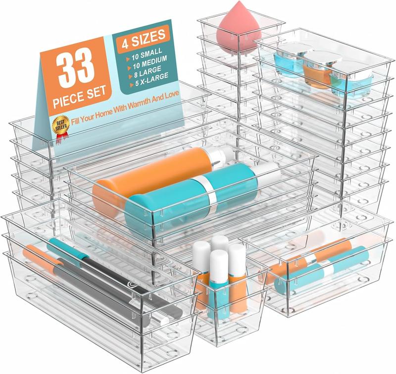 33 PCSDrawer Organizers, Organization and Storage Organizers and Storage, Acrylic Organizers,Storage Bins for Cosmetic,Vanity Organizer,4-Size Clear Plastic,Kitchen Gadgets Utensils and Office (33)