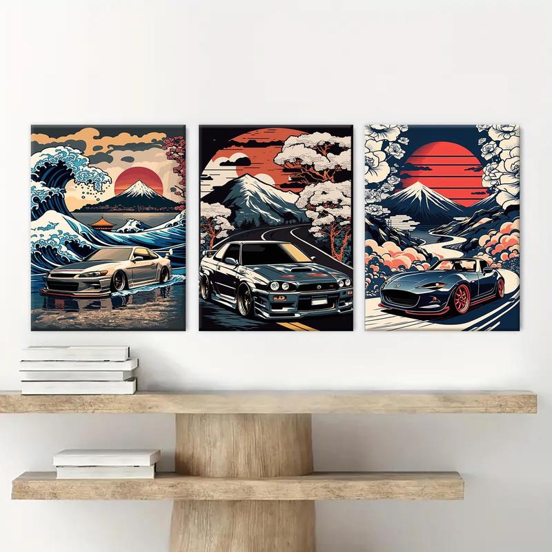 Wooden Framed Canvas Painting, 3 Counts set Car & Landscape Pattern Wall Art, Wall Decor for Home Living Room Bedroom Office