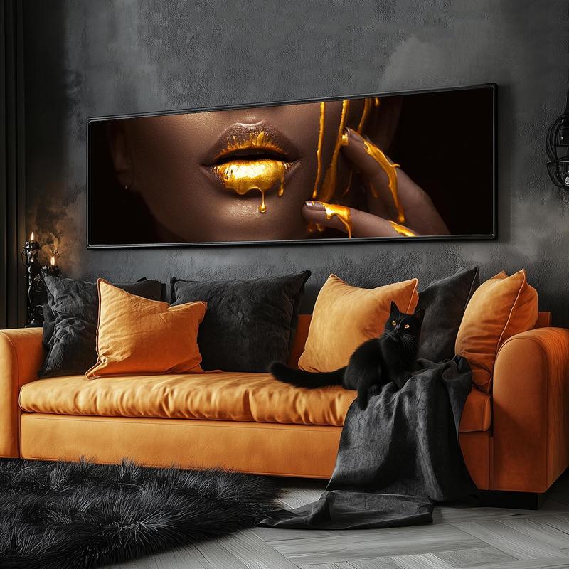 Fashionable Woman with Golden Lipstick Magazine Cover Design Wall Art, 1 Count Canvas Poster without Frame, Wall Decor for Home Living Room Bedroom Office